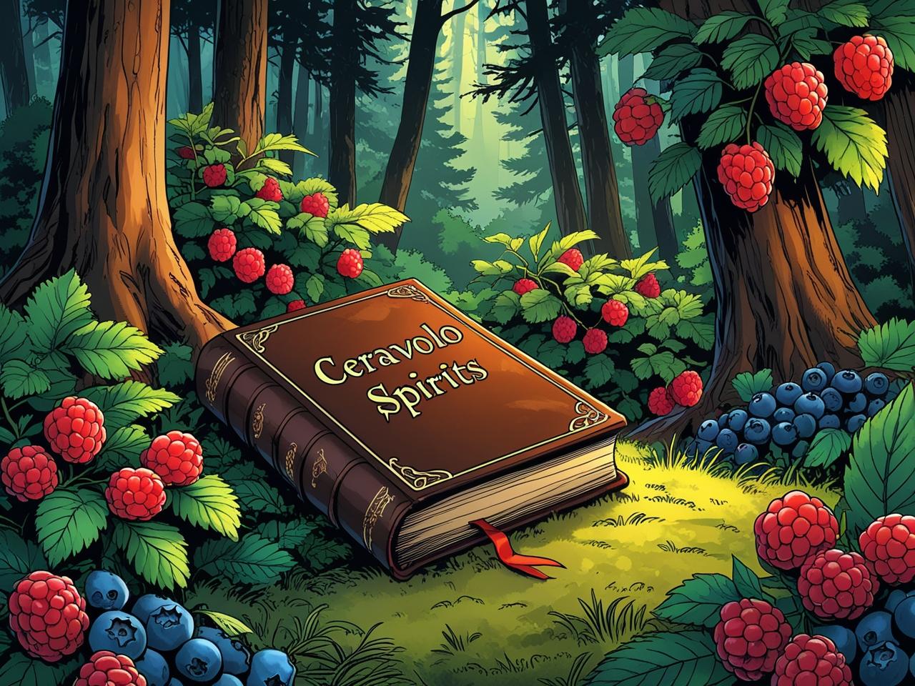 altes braunes Buch mit der aufschrift _ _Ceravolo Spirits_ in einem dichten Tannenwald mit Himbeerstäuchern, Orangenbäumen und Blaubeersträuchern im Comicstil cozy dunkel